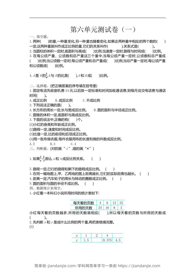 六下苏教版数学第六单元测试卷-1-简单街-jiandanjie.com