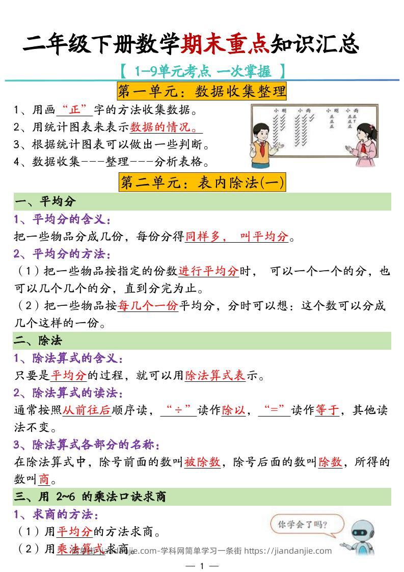 二年级下册数学期末重点知识汇总-简单街-jiandanjie.com