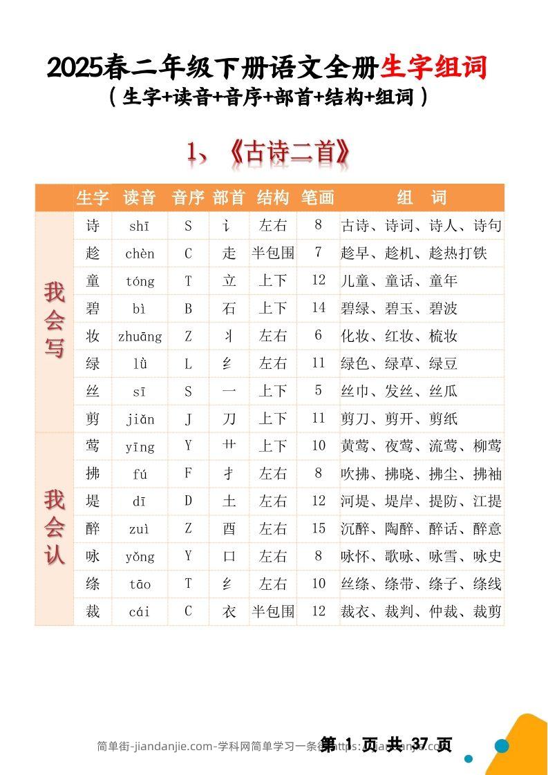 【2025春二下语文全册生字组词（生字拼音音序结构部首组词）37页一类字+二类字-简单街-jiandanjie.com