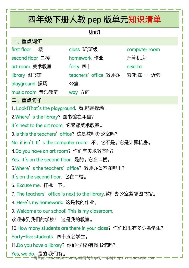 四下英语人教pep版单元知识清单-简单街-jiandanjie.com