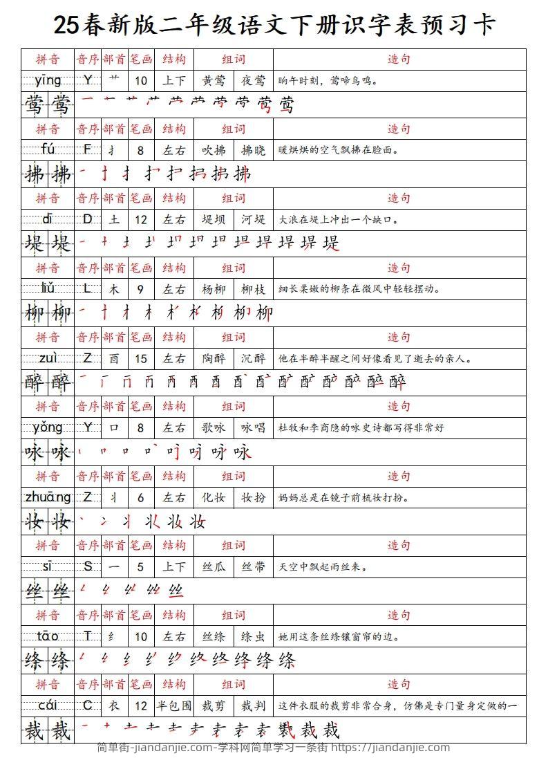 25春新二下语文识字表预习卡（组词造句拼音部首笔画笔顺结构）47页-简单街-jiandanjie.com