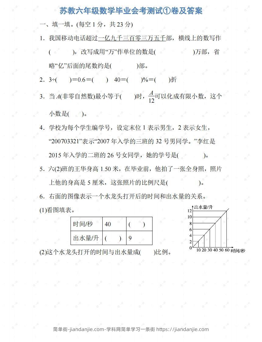 苏教六年级数学下册期末测试①卷及答案-简单街-jiandanjie.com