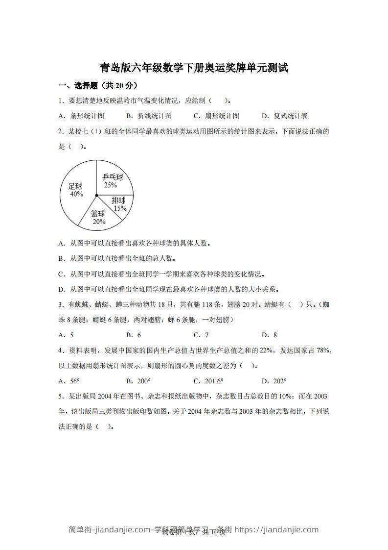 青岛63版数学六年级下册第五单元《奥运奖牌——扇形统计图》单元测试卷-简单街-jiandanjie.com