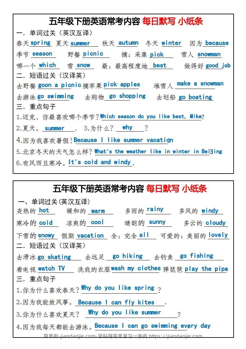 图片[2]-《英语常考内容每日默写小纸条》五下英语人教PEP-简单街-jiandanjie.com