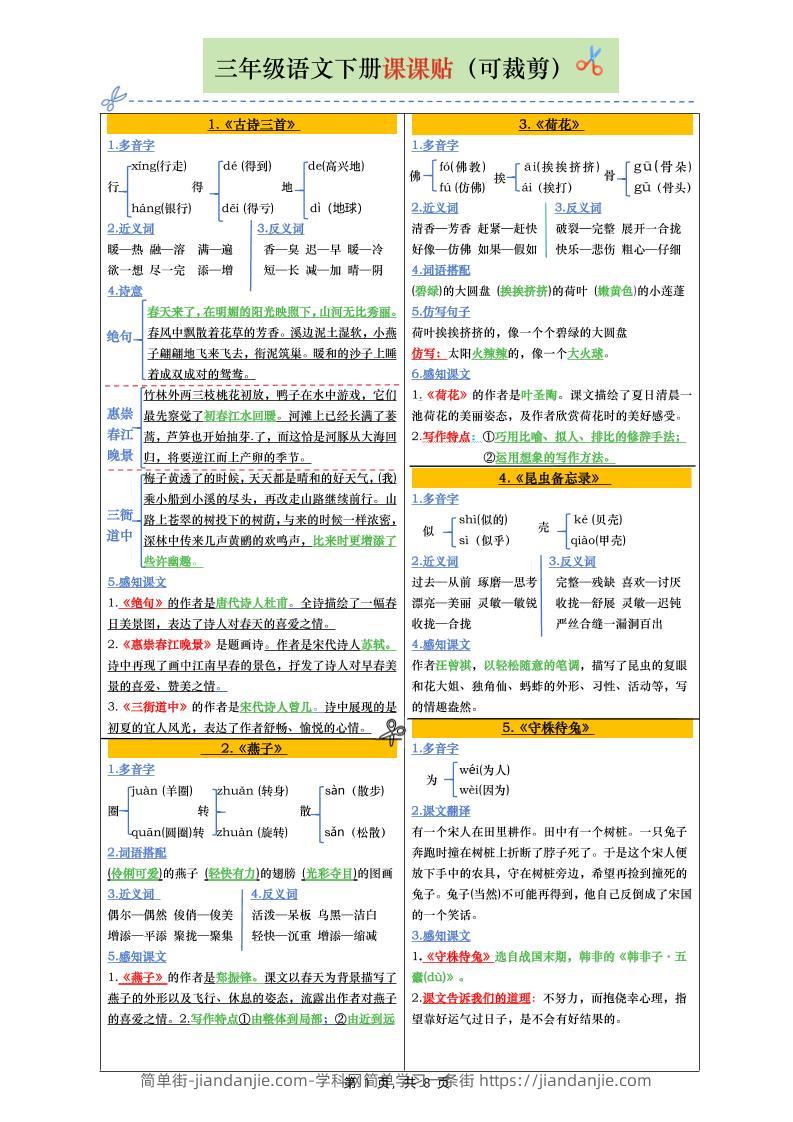 三下语文全册彩色版课课贴（1-28课）8页-简单街-jiandanjie.com