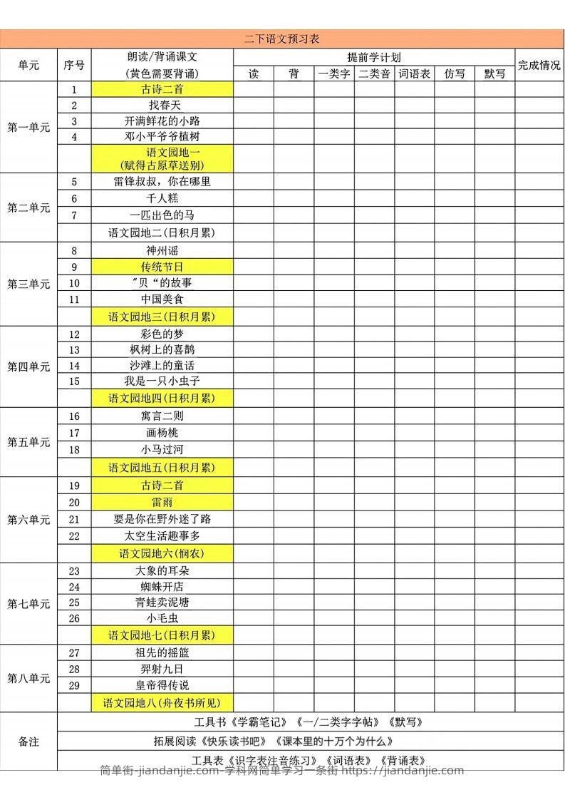 二年级下册语文预习卡-简单街-jiandanjie.com