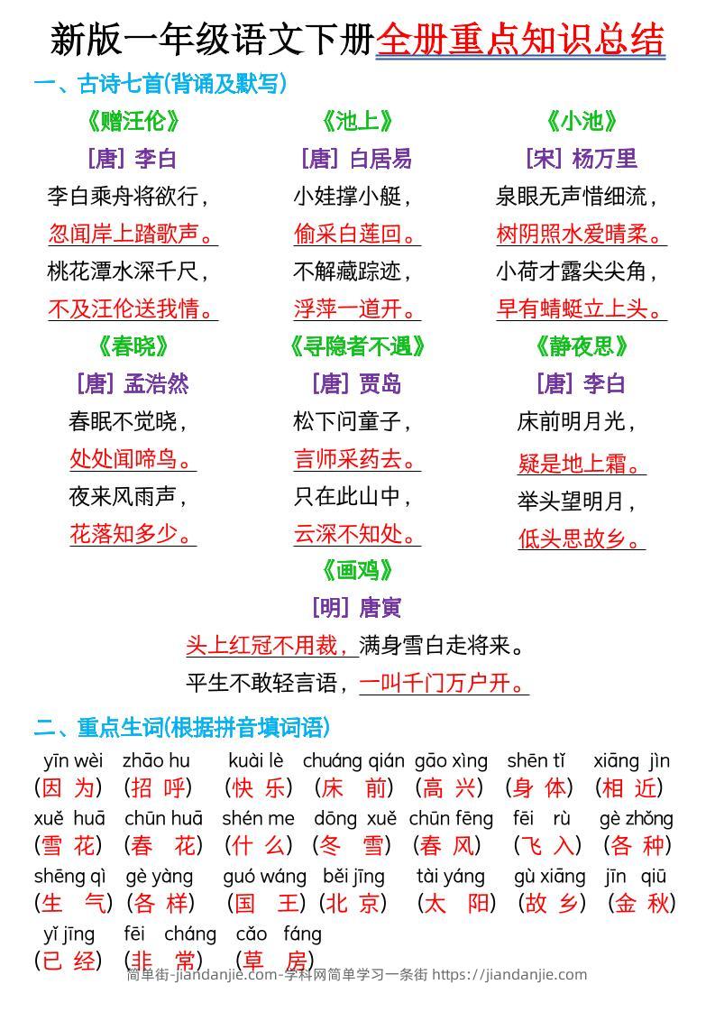 新版一年级语文下册全册重点知识总结-7页-简单街-jiandanjie.com