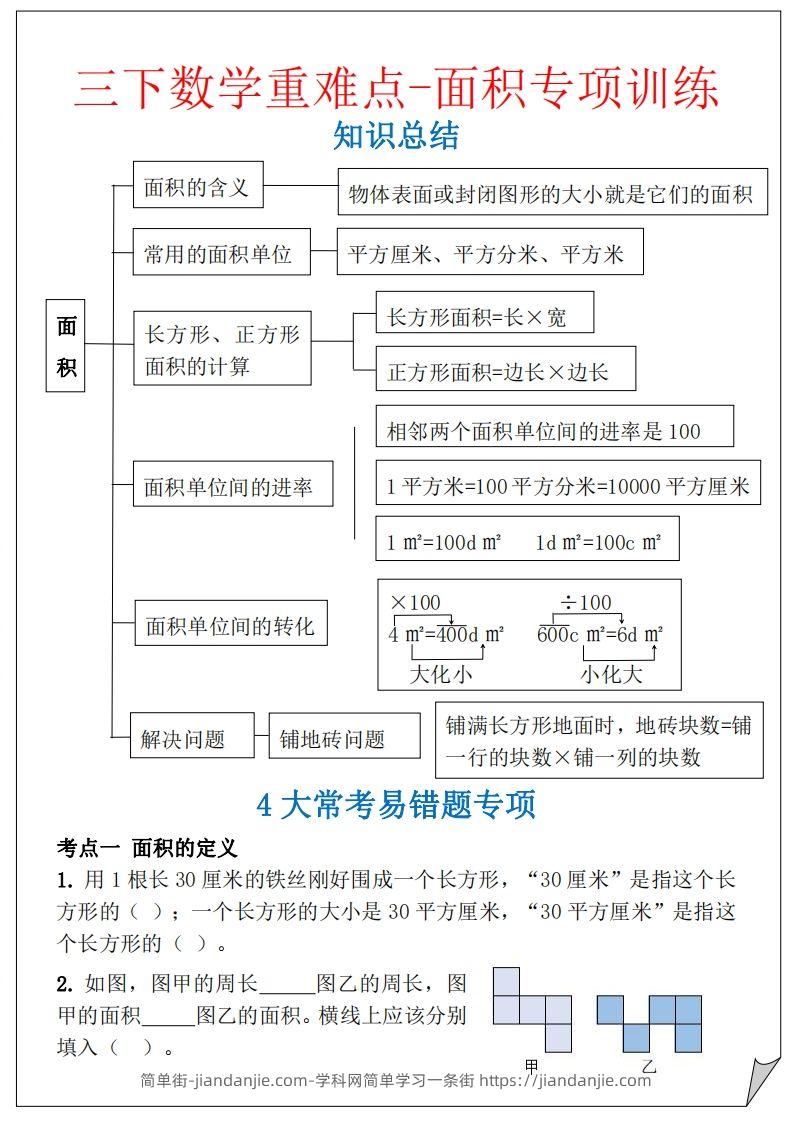 【重难点-面积专项训练】三下数学含答案5页-简单街-jiandanjie.com