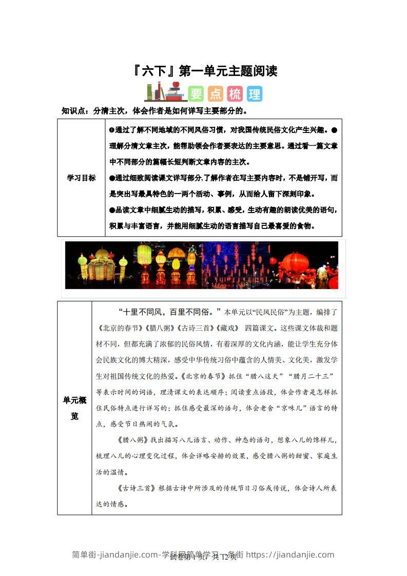 【主题阅读】统编版语文六年级下册第一单元“民风民俗”（主题阅读）-简单街-jiandanjie.com