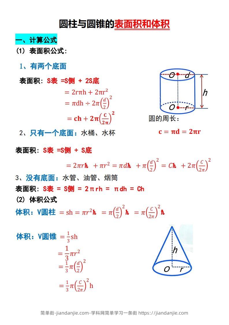 六下数学【圆柱与圆锥的思维导图和公式】-简单街-jiandanjie.com