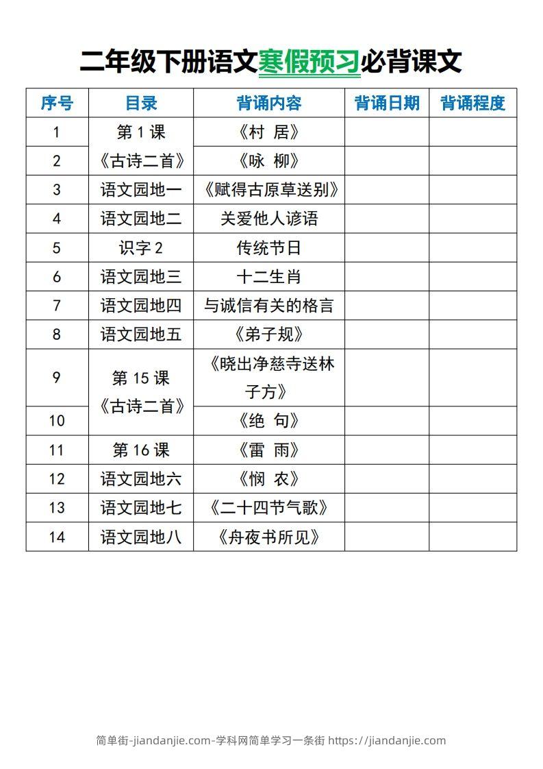二年级下册语文寒假预习必背课文-简单街-jiandanjie.com