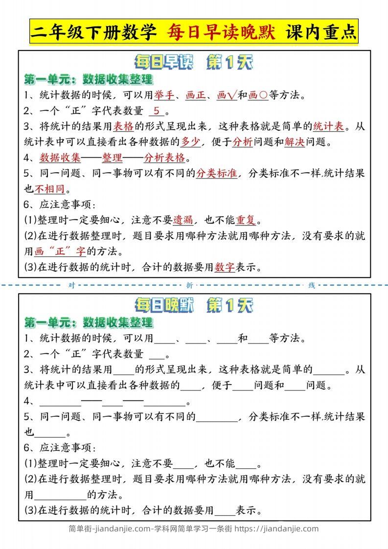二下人教版数学【每日晨读晚默-重点知识点】-简单街-jiandanjie.com