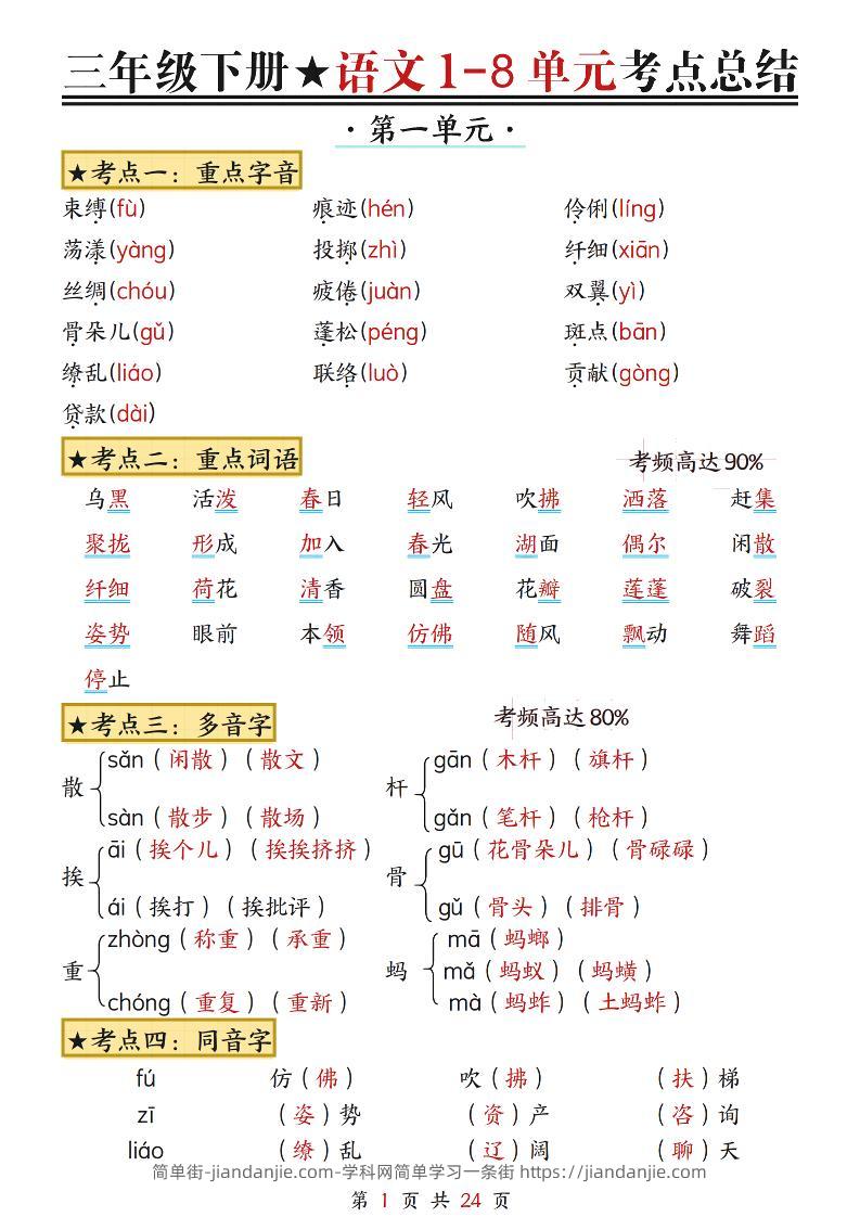 三下语文1-8单元考点总结（24页）-简单街-jiandanjie.com