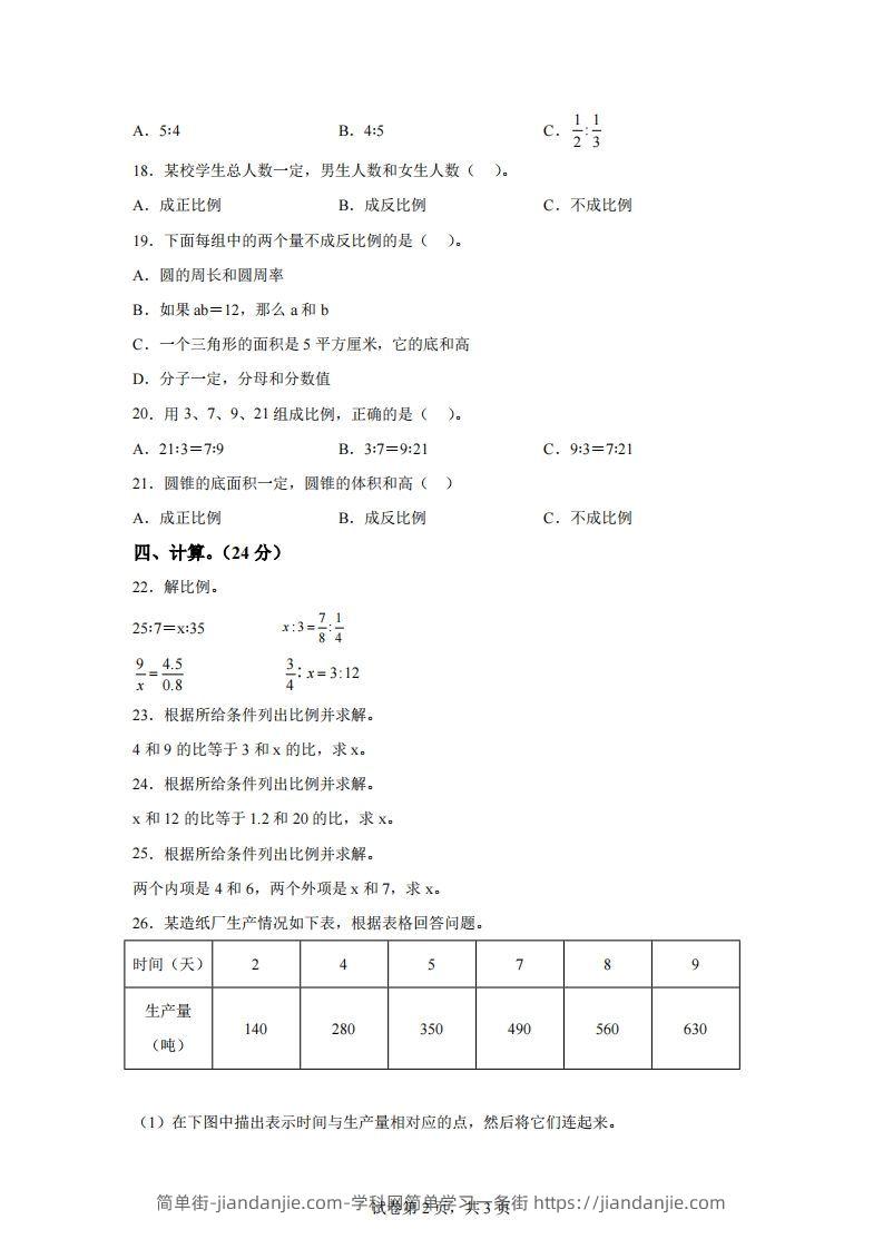 图片[2]-青岛63版数学六年级下册第三单元《啤酒生产中的数学——比例》单元测试卷-简单街-jiandanjie.com