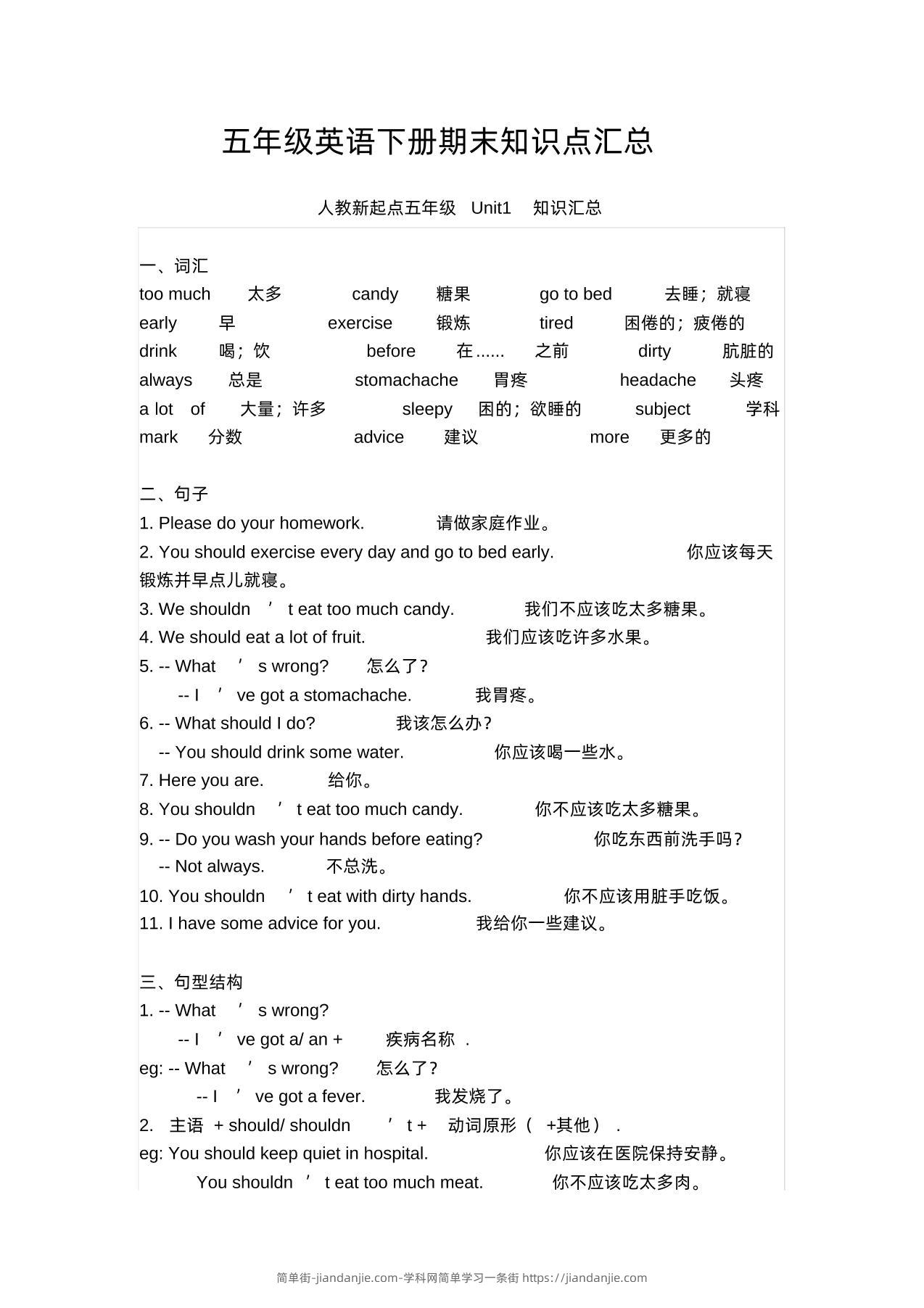 五年级英语下册期末知识清单汇总(人教新起点)-简单街-jiandanjie.com