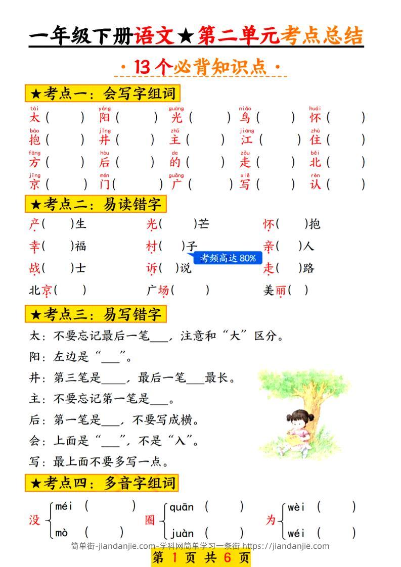 2025新版一年级语文下册第二单元考点总结13个必背-简单街-jiandanjie.com