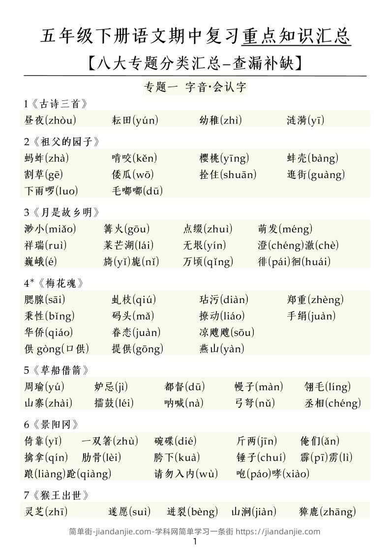 五下语文期中复习八大专题-简单街-jiandanjie.com