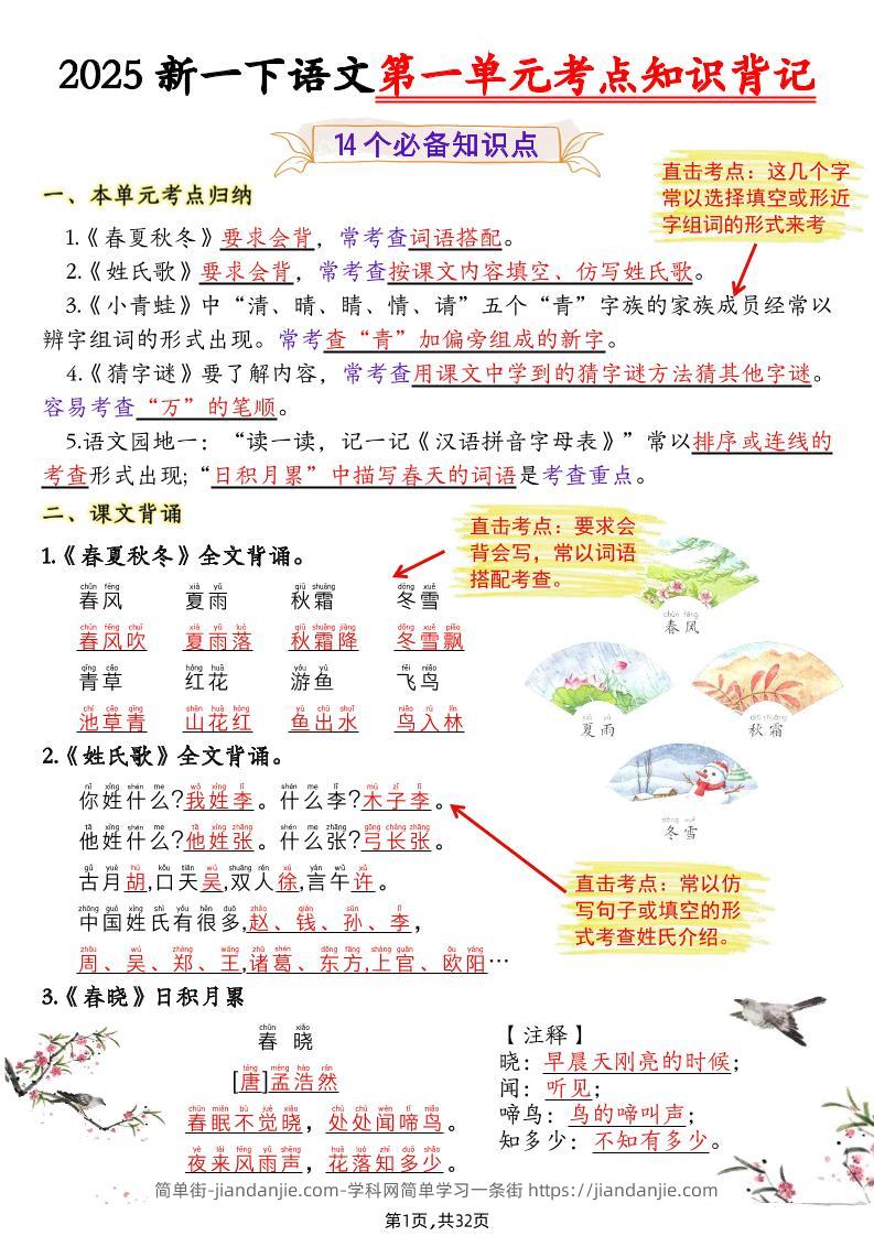 新一下语文1-8单元考点知识背记（32页）-简单街-jiandanjie.com