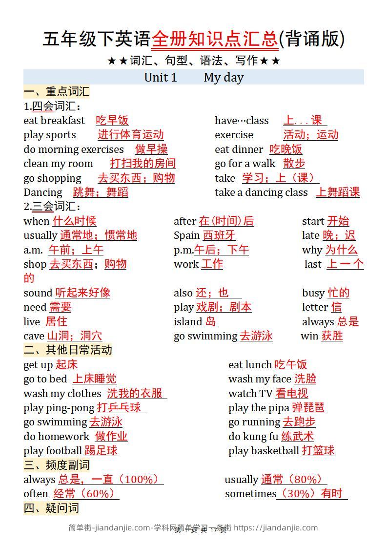 【五年级pep版英语】五年级下英语全册知识点汇总(背诵版)-简单街-jiandanjie.com