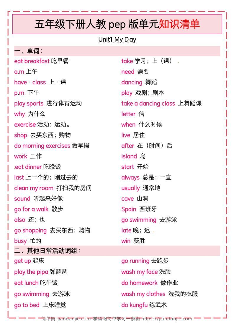 五下英语人教pep版单元知识清单-简单街-jiandanjie.com
