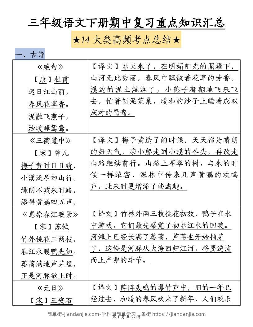 三下语文期中复习重点知识汇总-14大高频考点-简单街-jiandanjie.com