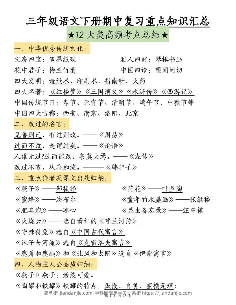 三下语文期中复习重点知识汇总-12大高频考点-简单街-jiandanjie.com