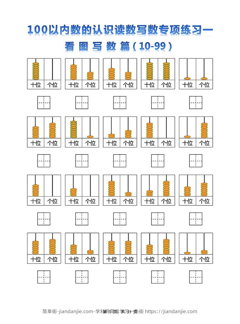 新一下数学100以内数的认识读数写数专项练习五套（33页）-简单街-jiandanjie.com