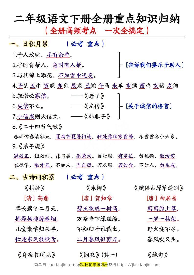 二下语文期末考试全册高频考点-简单街-jiandanjie.com