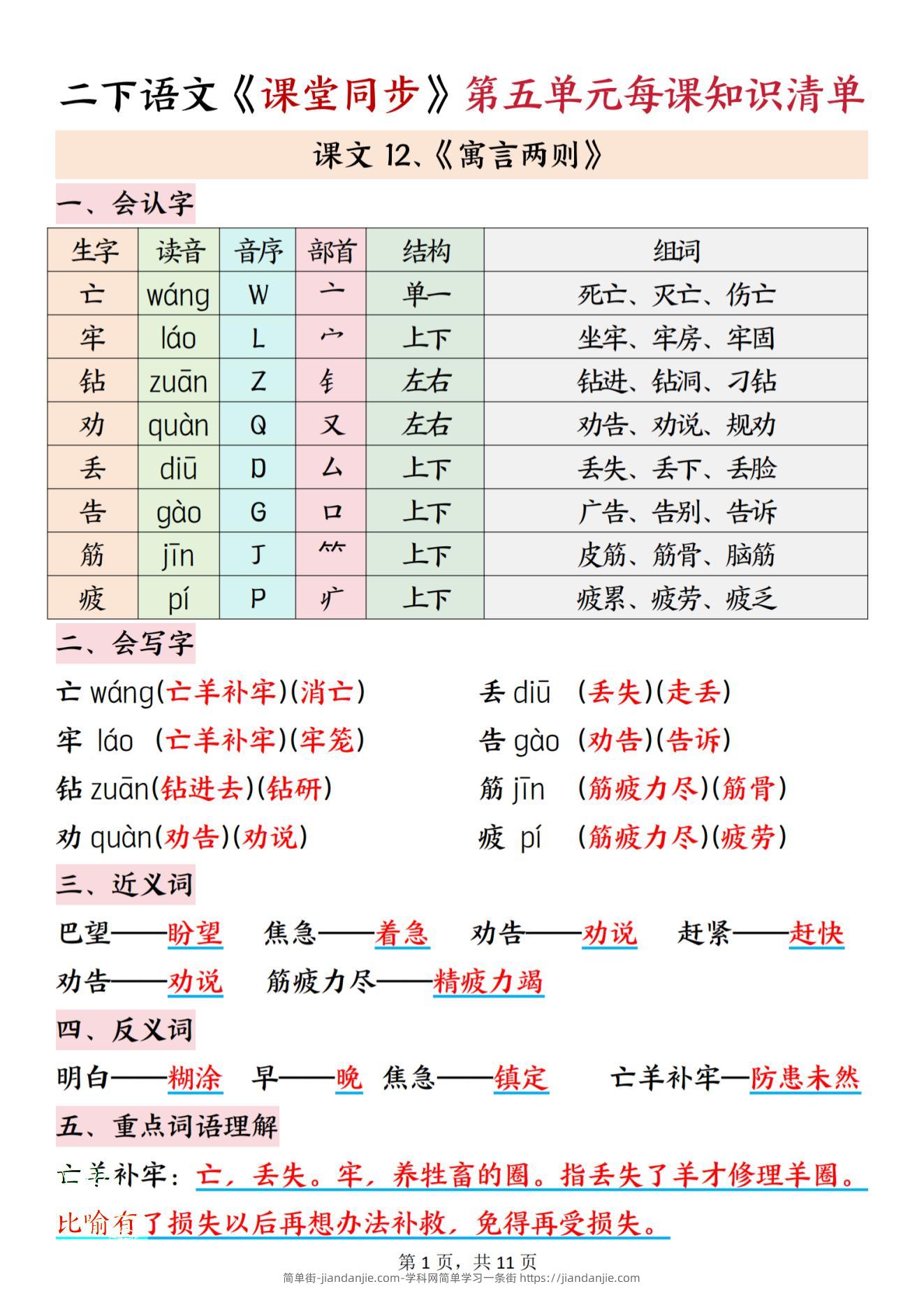 二下语文课堂同步第五单元每课知识清单11页-简单街-jiandanjie.com
