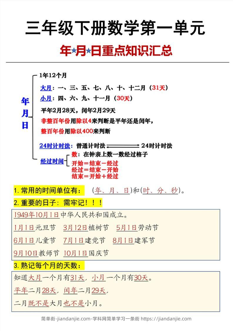 三年级下数学第6单元年月日重点知识汇总-简单街-jiandanjie.com