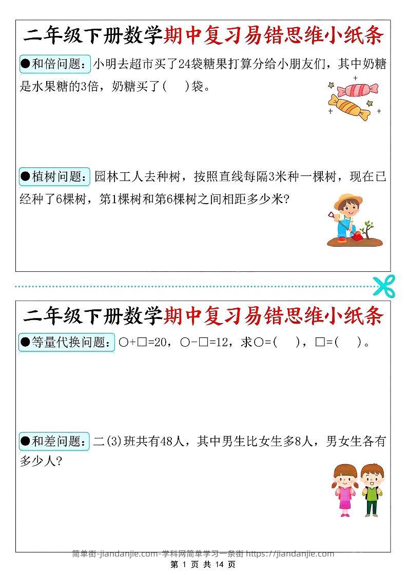 二年级下册数学期中复习易错思维小纸条-简单街-jiandanjie.com