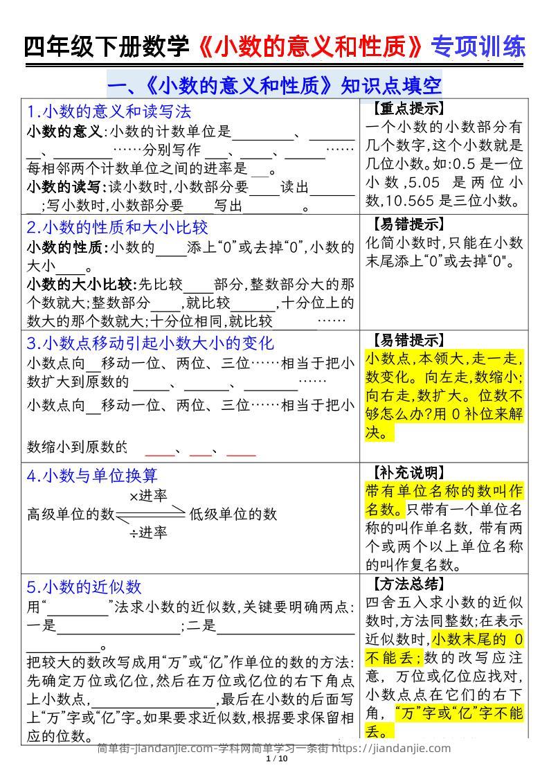 四下数学【小数的意义（空白）】-简单街-jiandanjie.com