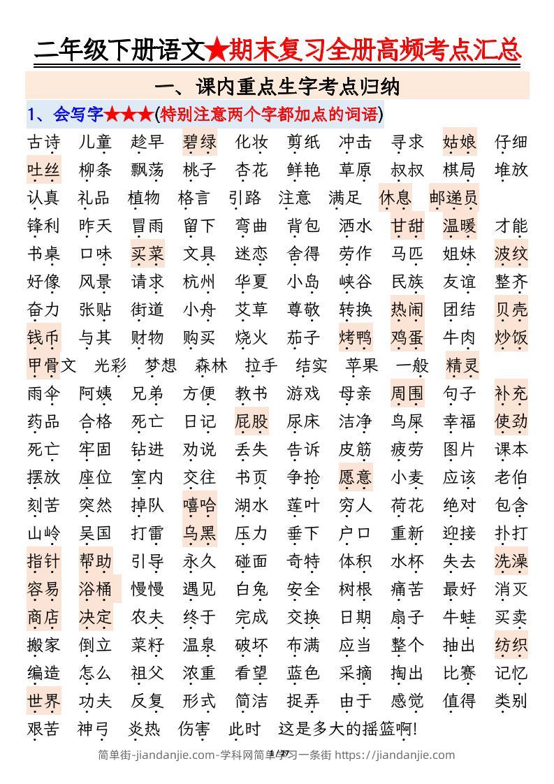 【期末复习全册高频考点必考知识点汇总（27页）】二下语文-简单街-jiandanjie.com