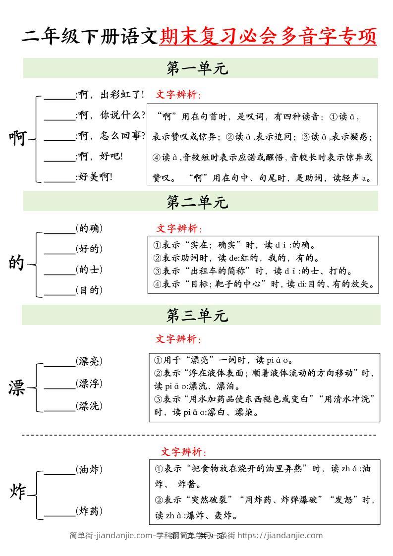 二下语文期末复习必会多音字专项练习（9页）-简单街-jiandanjie.com