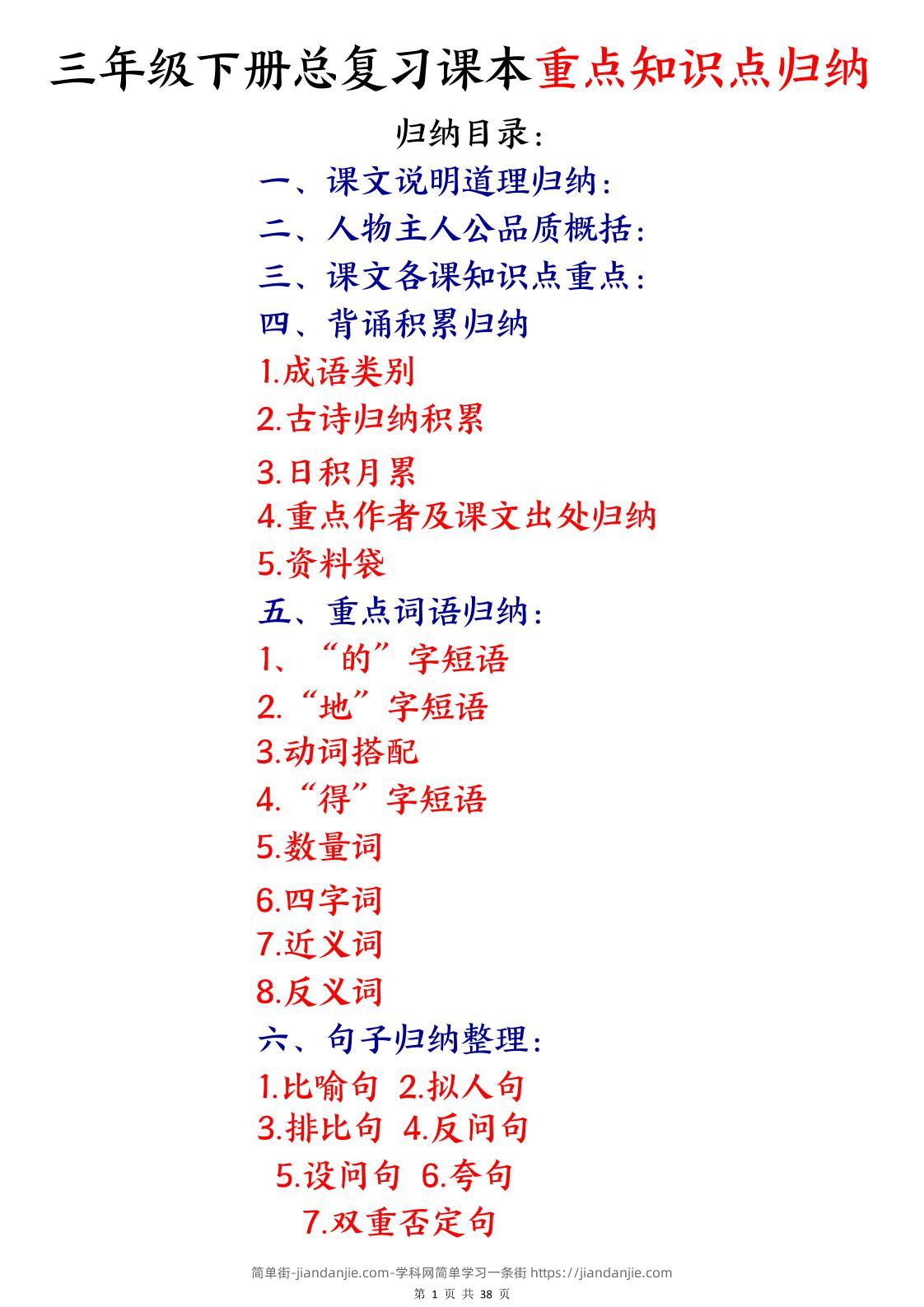 三下语文期末复习课本重点知识点归纳（38页）-简单街-jiandanjie.com