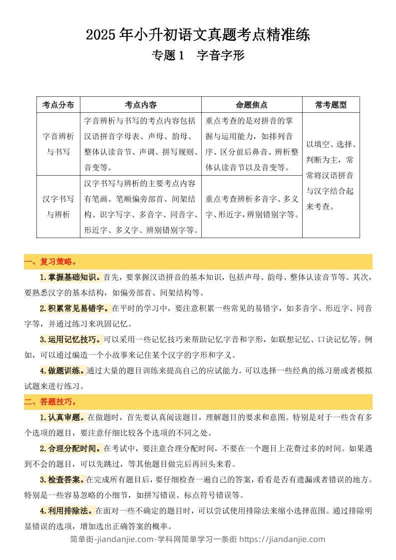 小升初语文备考真题分类汇编专题1字音字形-简单街-jiandanjie.com