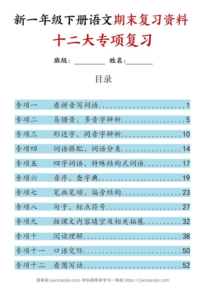 25新一下语文期末复习十二大专项归类复习（含答案66页）-简单街-jiandanjie.com