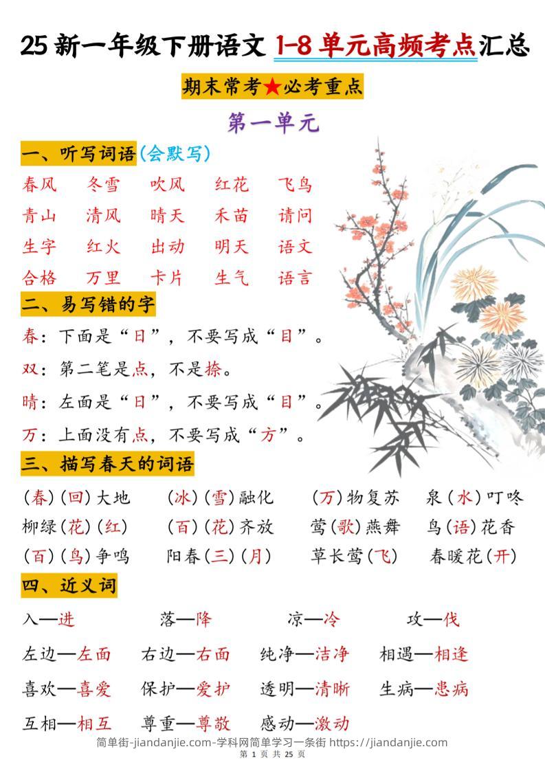 一下语文1-8单元高频考点汇总(25页)-简单街-jiandanjie.com