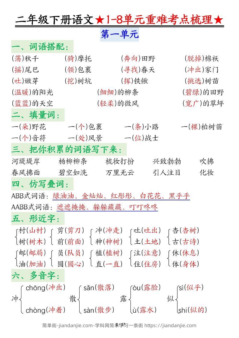 二下语文期末复习1-8单元重难考点梳理总结（17页）-简单街-jiandanjie.com