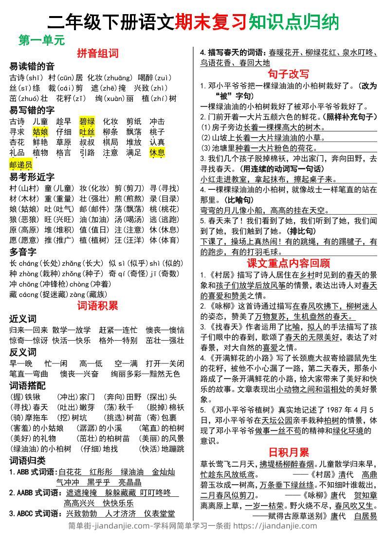 二下语文期末复习知识点归纳（8页极简版）-简单街-jiandanjie.com
