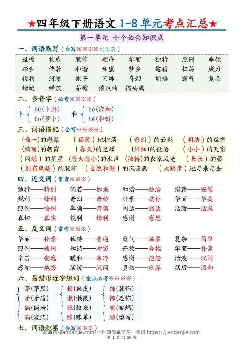 四下语文期末1-8单元十大考点必背-简单街-jiandanjie.com