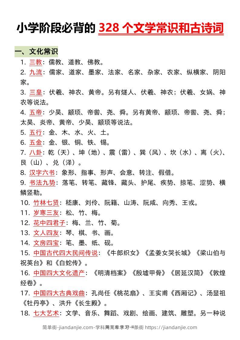小升初语文必背的328个文学常识和古诗词-简单街-jiandanjie.com