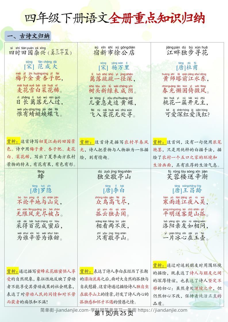 四下语文全册重点知识归纳-简单街-jiandanjie.com