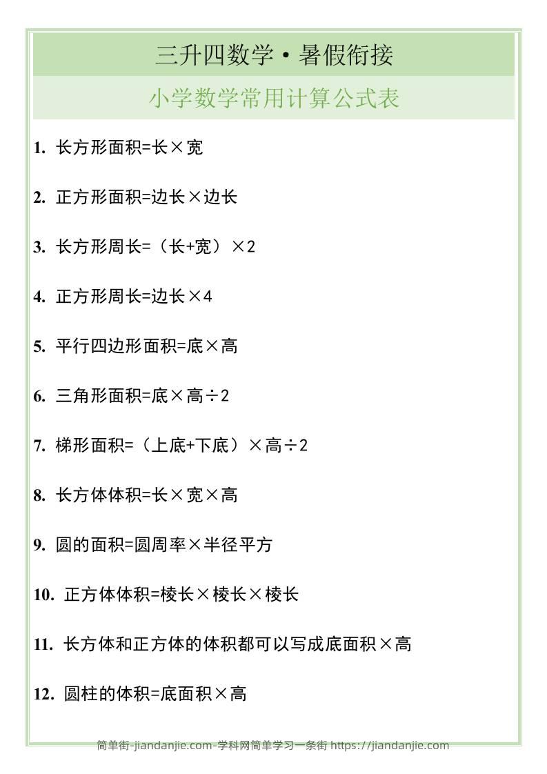 三升四暑假衔接，小学数学常用计算公式表-四上数学-简单街-jiandanjie.com
