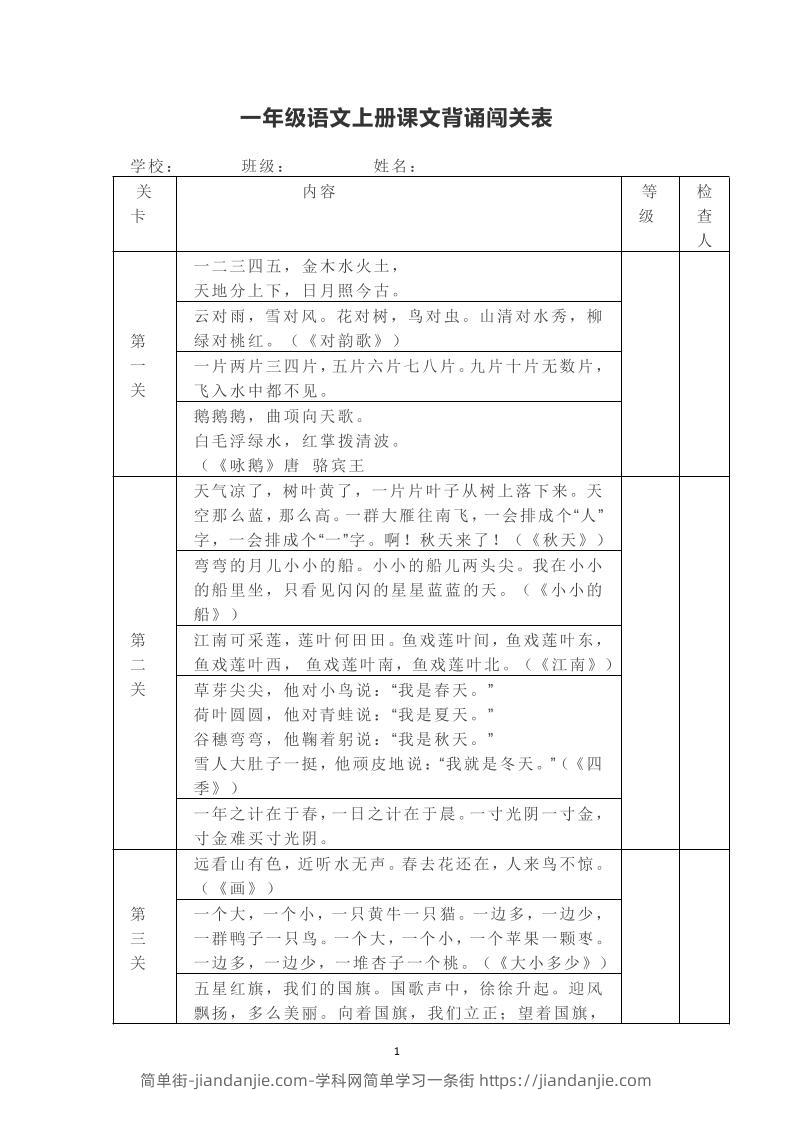 一年级上册语文背诵课文内容及闯关表-简单街-jiandanjie.com