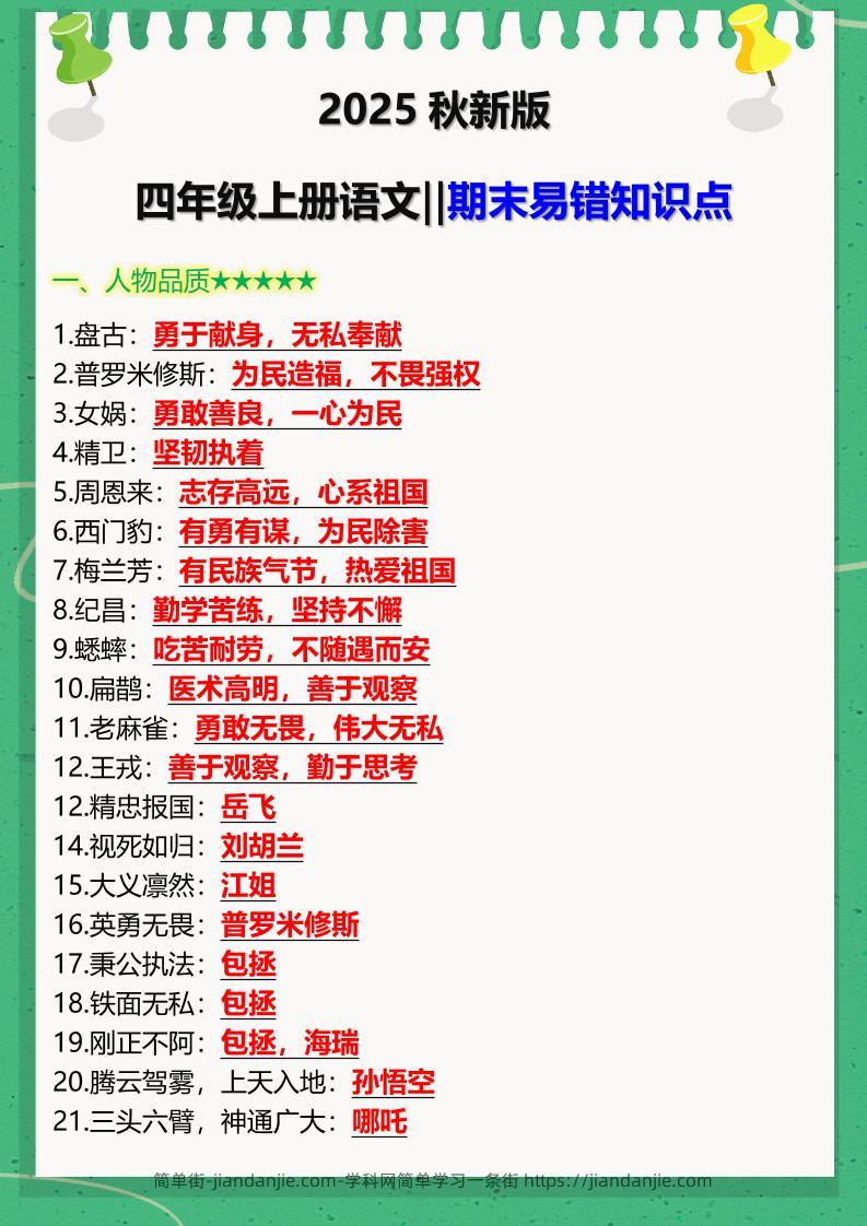 【2025秋新版】四年级上册语文‖期末易错知识点-简单街-jiandanjie.com