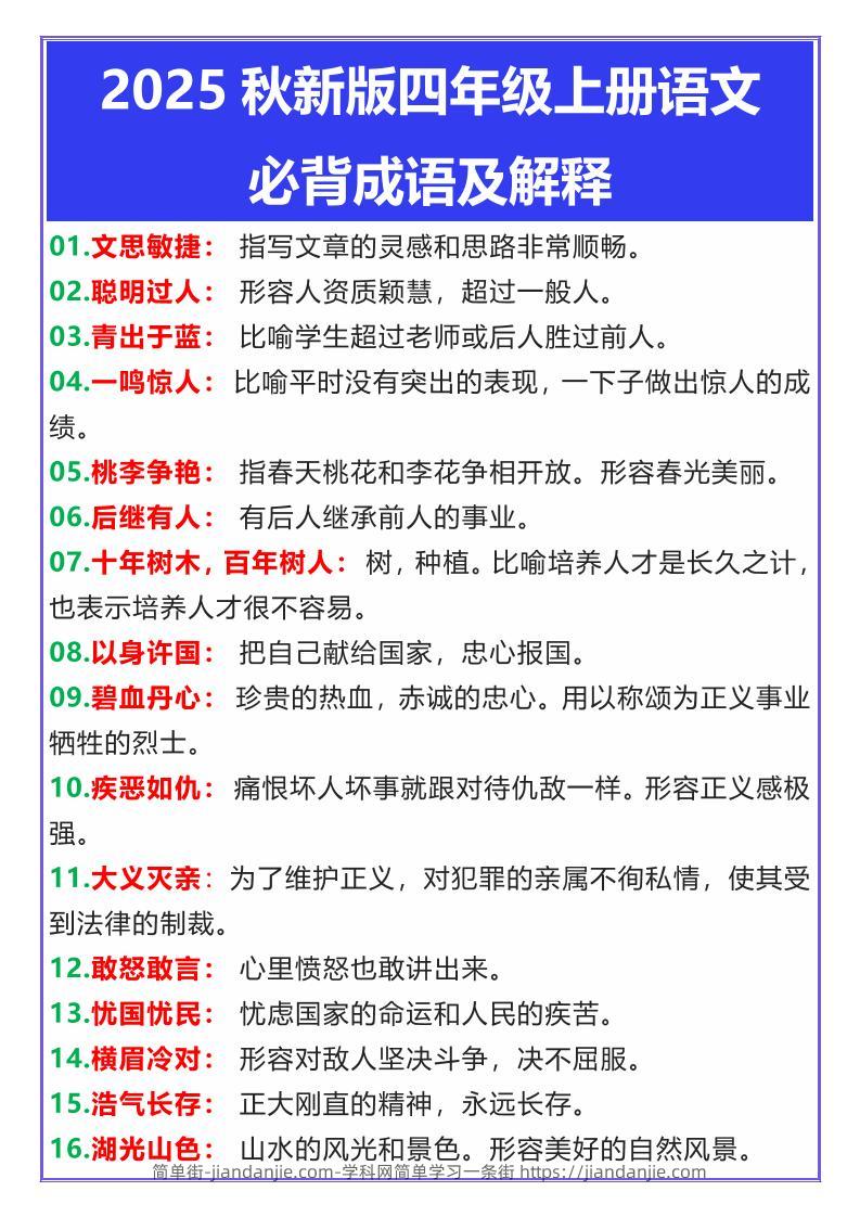 【2025秋新版】四年级上册语文必背成语及解释-简单街-jiandanjie.com
