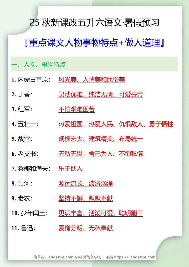 【2025秋新版】五升六重点课文人物事物特点+做人道理-六上语文-简单街-jiandanjie.com