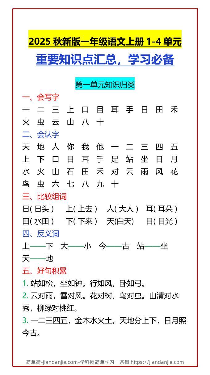【2025秋新版】一年级语文上册1-4单元重要知识点汇总，学习必备-简单街-jiandanjie.com