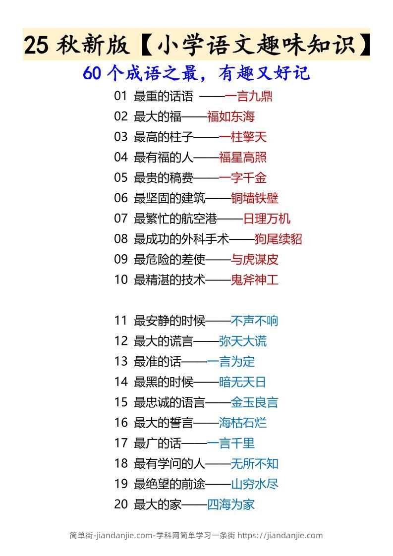 【2025秋新版】【小学语文趣味知识】60个成语之最，有趣又好记-六上语文-简单街-jiandanjie.com